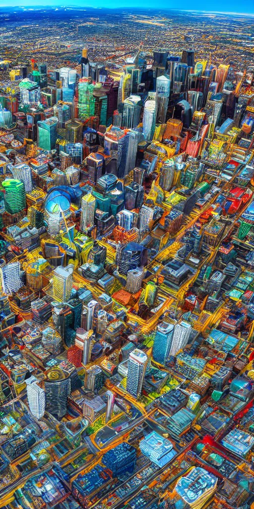 Prompt: hyper realistic photo of calgary city view from the sky, 1 6 k, hyper realistic, fractal art, art station, coherent design, symmetrical, vivid colour, complementary colour, golden ratio, detailed, sharp lines, intricate, rainbow shift, in unreal 3 d engine, ray tracing, octane render