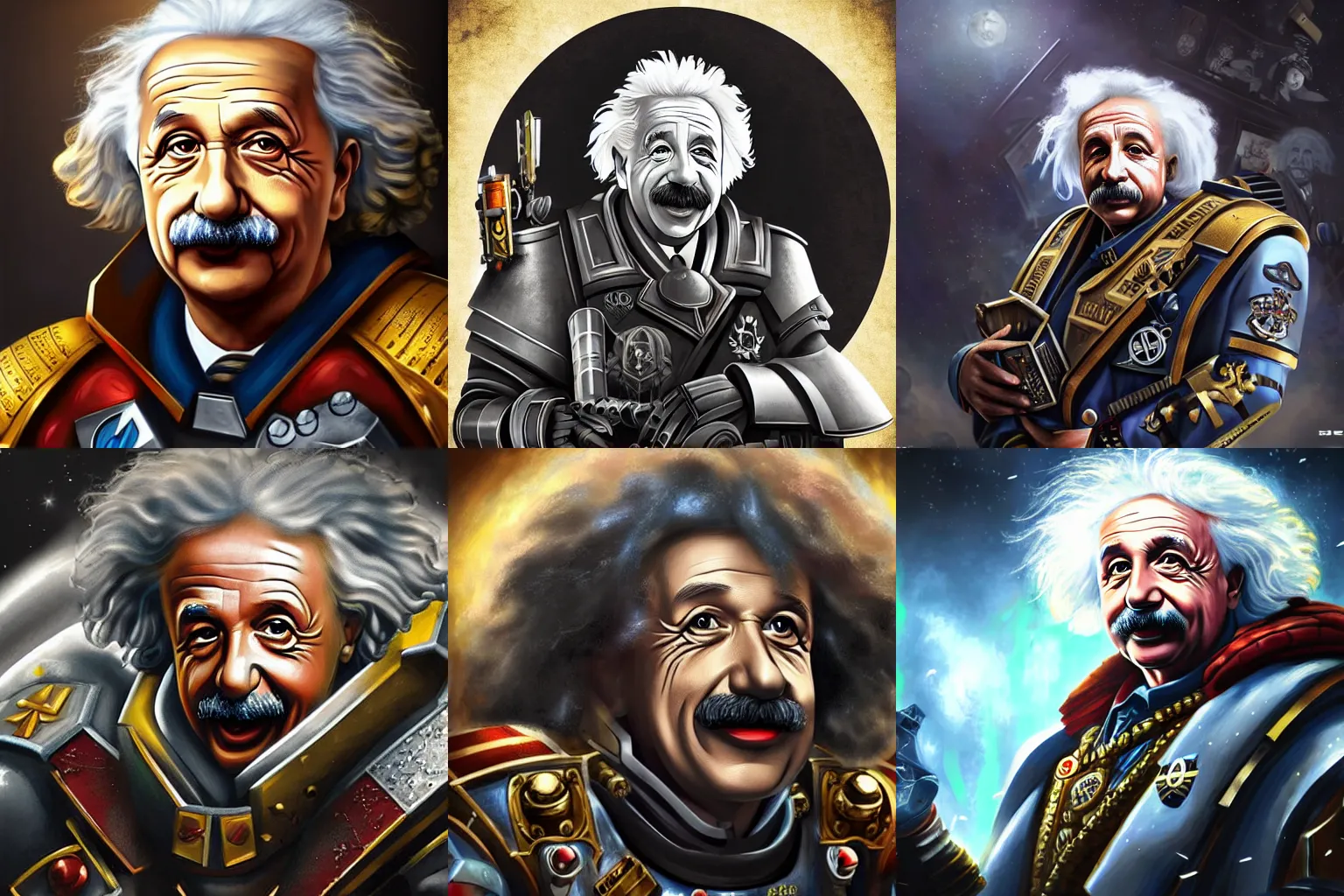 Prompt: Einstein in Warhammer 40k portrait, 4k resolution, highly detailed, artstation, very sharp, epic