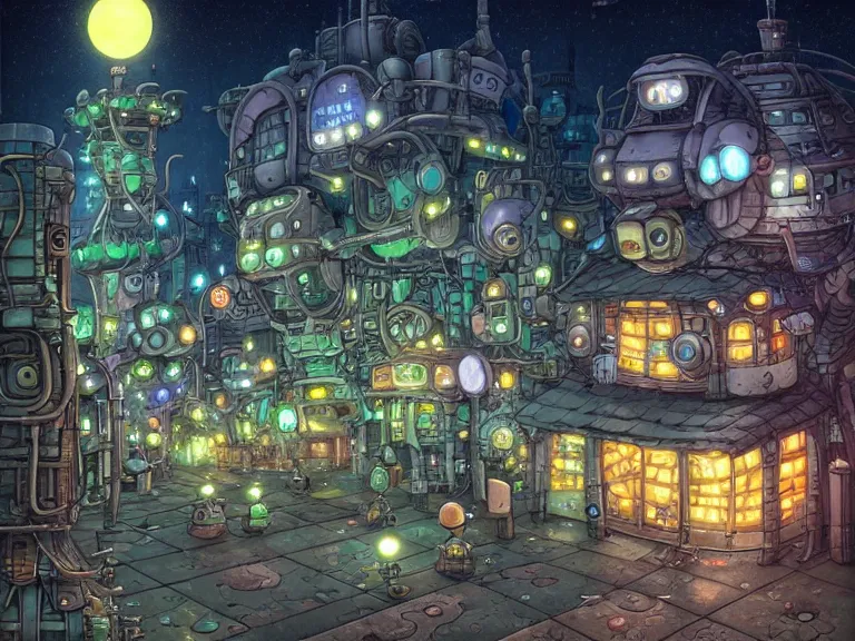 Prompt: fantasycore street view of futuristic machinarium tokyo at night by michael whelan and naomi okubo and dan mumford. cute ver.ka mecha machinarium robots. cel-shaded. glossy painting.