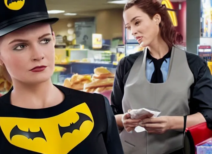 Image similar to film still of Batman working as a cashier at McDonalds in the new batman movie, 4k