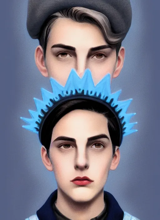 Image similar to portrait of teenage jughead jones wearing a light grey crown, crown, blue turtleneck, 1 9 5 0 s, closed eyes, photorealistic, black hair, glowing lighting, intricate, elegant, glowing lights, highly detailed, digital painting, artstation, concept art, smooth, sharp focus, illustration, art by wlop, mars ravelo and greg rutkowski