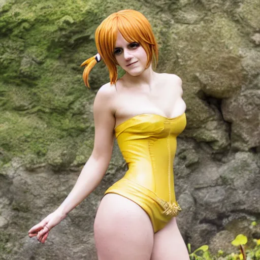 Image similar to a full body photo of emma watson as nami from one piece, award winning photography, 50 mm.