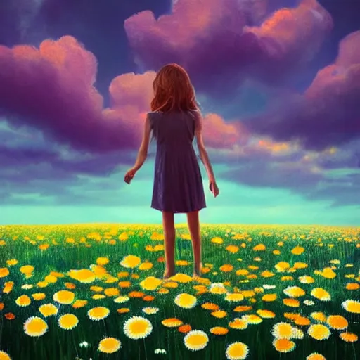 Image similar to head made of giant daisies, girl standing barefoot in a vast flower field, arms behind back, surreal photography, sunrise dramatic light, impressionist painting, colorful clouds, large sky, digital painting, artstation, simon stalenhag, flower face