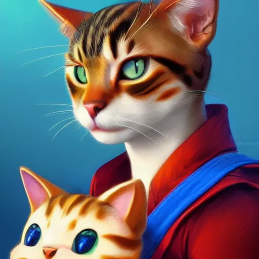 Prompt: Portrait of a Cat as Super Mario, nintendo, highly detailed, digital painting, artstation, concept art, smooth, sharp focus, illustration, art by artgerm and greg rutkowski and alphonse mucha