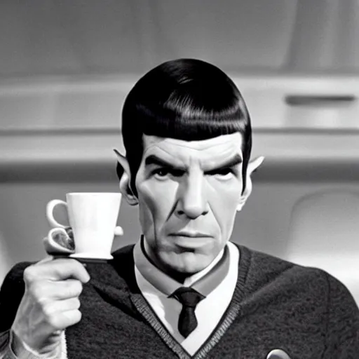 Prompt: mr spock drinking coffee on the bridge of the enterprise, cinematic, movie still