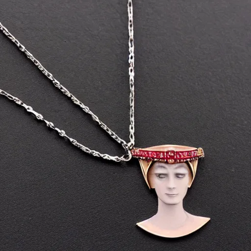 Image similar to necklace helen of troy on a young beautiful woman neck, hyper realistic,