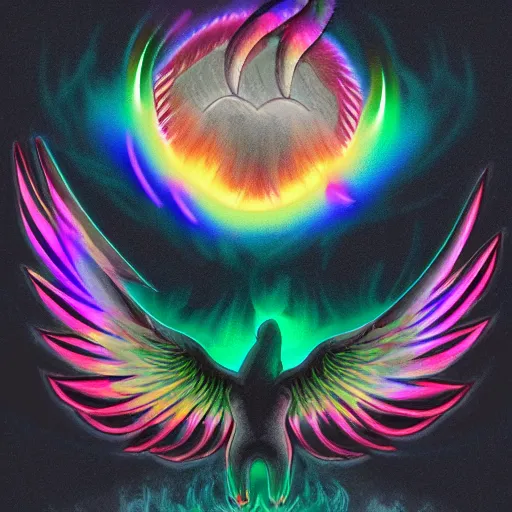 Prompt: An image of an expressive wings open phoenix with iridescent feathers standing on a pile of grey ashes and glowing coal. The phoenix is surrounded by a bright light and waves of fire with a neon bright glowing circular rainbow. Black smoke wafts from the coal.