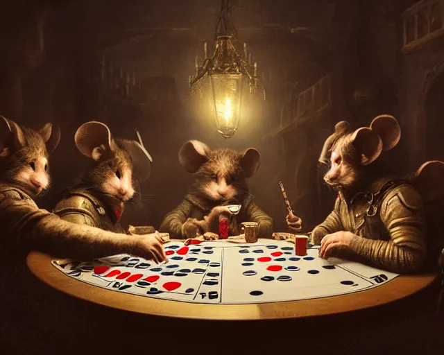 Prompt: 5 5 mm portrait photo of mouse soldiers playing poker. magical atmosphere. art by greg rutkowski. highly detailed 8 k. intricate. lifelike. soft light. nikon d 8 5 0.