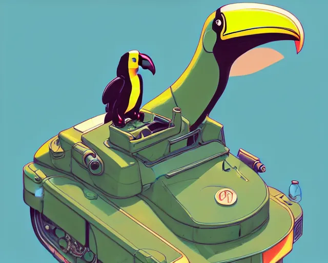 Prompt: a study of cell shaded cartoon of a toucan piloting a mechanic tank, illustration, wide shot, subtle colors, post grunge, concept art by josan gonzales and wlop, by james jean, Victo ngai, David Rubín, Mike Mignola, Laurie Greasley, highly detailed, sharp focus, alien, Trending on Artstation, HQ, deviantart, art by artgem