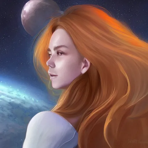 Image similar to epic portrait a space waitress with short sleeves and white uniform, long flowing hair, beauty, pretty face, glossy skin, glossy lips, fit, digital painting, artstation, concept art, soft light, hdri, smooth, sharp focus, illustration, fantasy, intricate, elegant, highly detailed, D&D, matte painting, in the style of Greg Rutkowski and Alphonse Mucha and artemisia, 8k, highly detailed, jurgens, rutkowski, bouguereau, pastoral, rustic, georgic