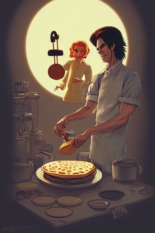 Prompt: 1 9 8 5 nick cave making pancakes, animation pixar style, by pendleton ward, magali villeneuve, artgerm, rob rey and kentaro miura style, golden ratio, trending on art station