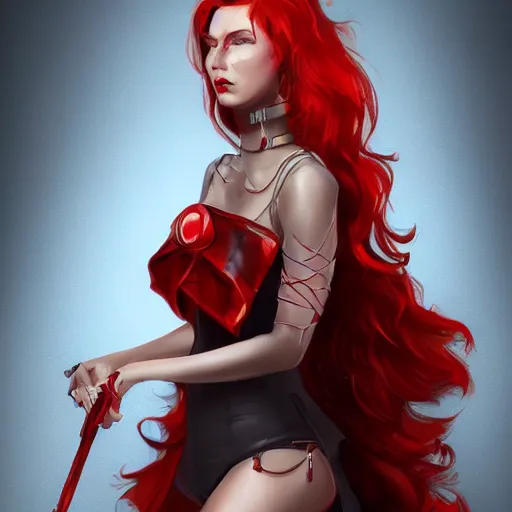 Prompt: a woman wearing a complicated outfit, full body shot, red hair, highly detailed, digital painting, artstation, concept art, smooth, sharp focus, illustration