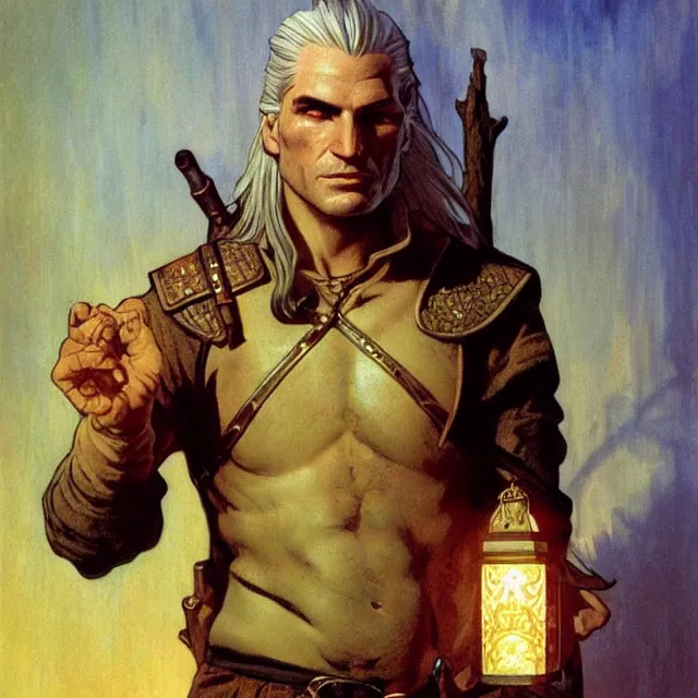 Prompt: an aesthetic! a detailed portrait of geralt of rivia, holding a lantern by frank frazetta and alphonse mucha, oil on canvas, art nouveau dungeons and dragons fantasy art, hd, god rays, ray tracing, crisp contour lines, huhd