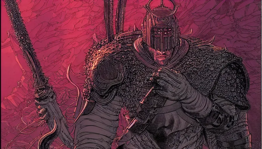 Prompt: guts in berserker armor from berserk in the world of elden ring by moebius and kilian eng, atmospheric, fine details, vivid, neon, masterpiece