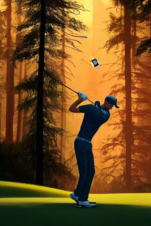 Prompt: close-up of an athletic golf player in a lush golf course with automatic watering, low angle, magical lights, golden hour, surrounded by burning forests, smoke from the fire, digital painting, cinematic, 4k, forest ray light, particles light, ilya kuvshinov, Greg Rutkowski, Beeple