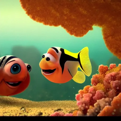 Image similar to a screenshot of a pixar film of two fish underwater watching a ship