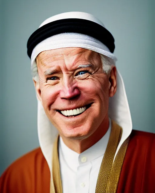 Prompt: a photo of joe biden as a muslim sheikh from the middle east, smiling, portrait, ektachrome, closeup, f / 2. 8