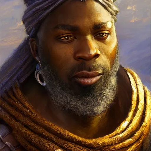 Image similar to the african merchant as a realistic fantasy d & d character, closeup portrait art by donato giancola and greg rutkowski, realistic face, digital art, trending on artstation