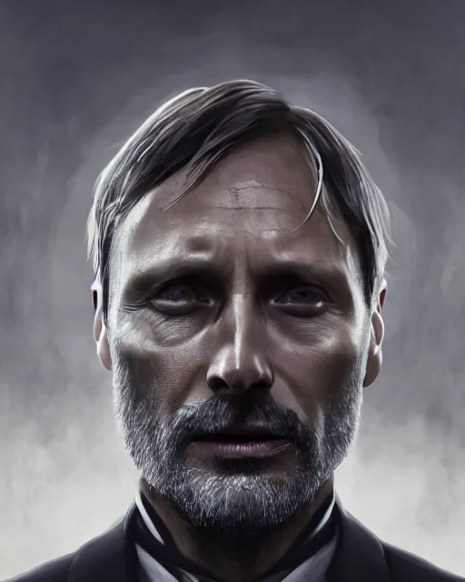 Prompt: mads mikkelson as clifford unger from death stranding, tears of tar, mysterious portrait, cinematic lighting, black background, digital painting photoshop, ultra detailed hdr 8 k