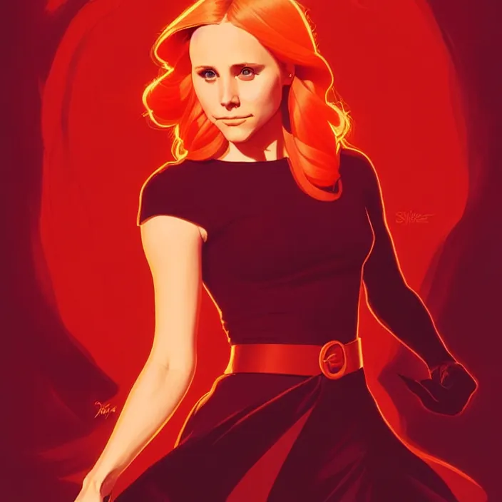 Image similar to style artgerm, joshua middleton : : beautiful kristen bell with dark red dress, very long orange hair, symmetrical face, symmetrical eyes : : fire powers fire swirling : : [ detailed, volcano setting ] : : cinematic lighting