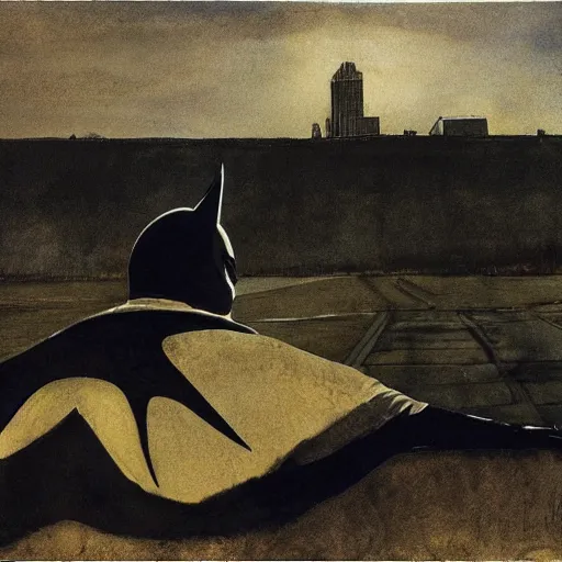 Image similar to Andrew Wyeth artwork, Batman in the city