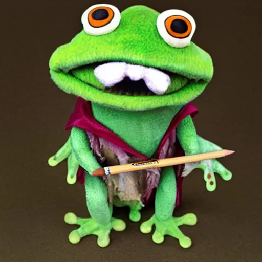 Image similar to frog cleric as an albino chibi muppet plush wearing a big dark wolf pelt headdress and carrying a tiny sketch book and pencil, photorealistic, photography, national geographic, sesame street