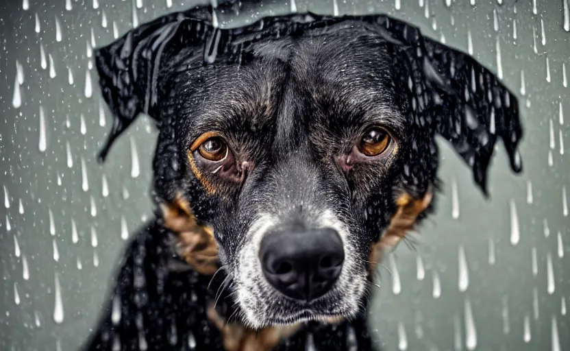 Image similar to studio photography of a sad dog sitting in rain, detailed face, 8 k