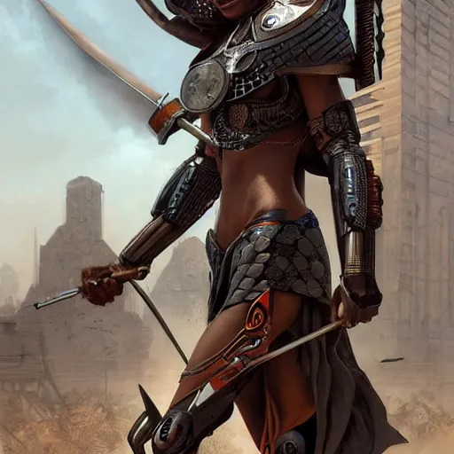 Prompt: a cyborg version of a maasai warrior carrying a futuristic spear and shield ultra realistic, concept art, intricate details, eerie, horror, highly detailed, photorealistic, octane render, 8 k, unreal engine. art by artgerm and greg rutkowski and alphonse mucha