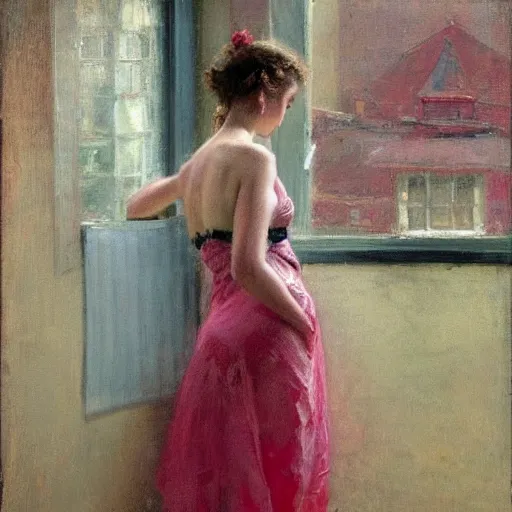Image similar to A woman looking through a rainy window, back view, pink string bikini, modest, 1950s, americana, award-winning, warm colors, by Ilya Repin, deviantart