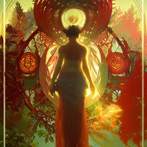 Image similar to the beautiful solarpunk phoenix, aesthetic red bird, volumetric light, bokeh, painting by greg rutkowski by alphonse mucha