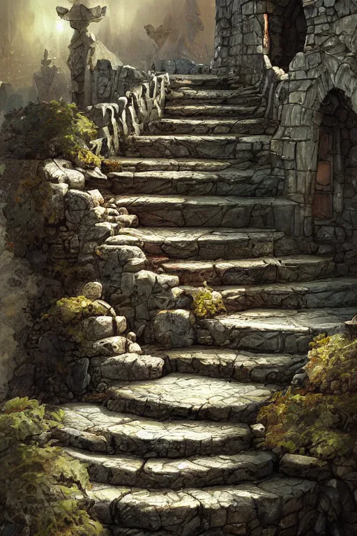 Prompt: stone steps fantasy leading do a dark portal, artstation by emilia dziubak, will terry, greg olsen, chris mars, ann long, and mark brooks, gret ritkowski dramatic, architecture, colorful clear sharp focus