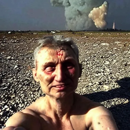 Image similar to last selfie of last alive ukrainian very damaged after a nuclear strike, a nuclear explosions in the background, 2 0 2 2