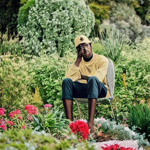 Image similar to A photo of Tyler the Creator sitting in the middle of a garden, 8K concept art, dreamy, garden, bushes, flowers, golden hour, vintage camera, detailed, UHD realistic faces, award winning photography, cinematic lighting