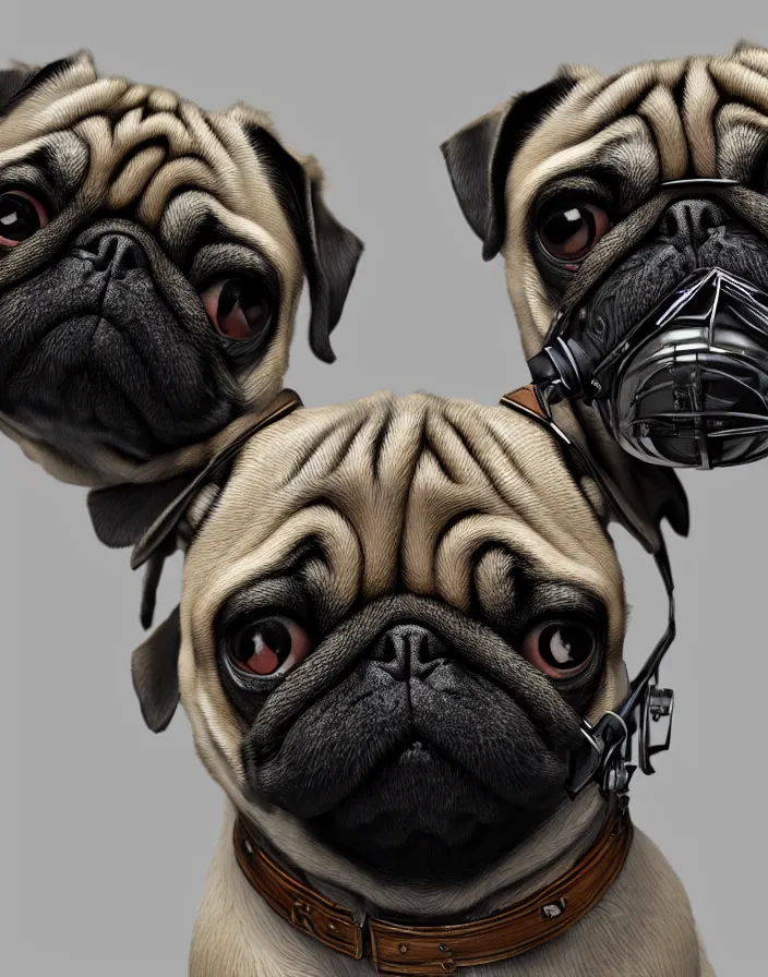 Prompt: a dog pug wearing a gas mask, intricate artwork by artstation. octane render, cinematic, hyper realism, 8k, depth of field.