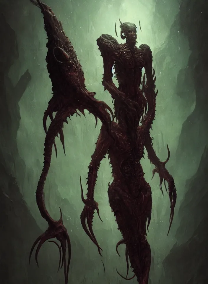 Prompt: a body portrait of a creature invoking fear, art by greg rutkowski, squid demon, scifi horror setting, dark lighting, matte painting, trending on artstation, very detailed