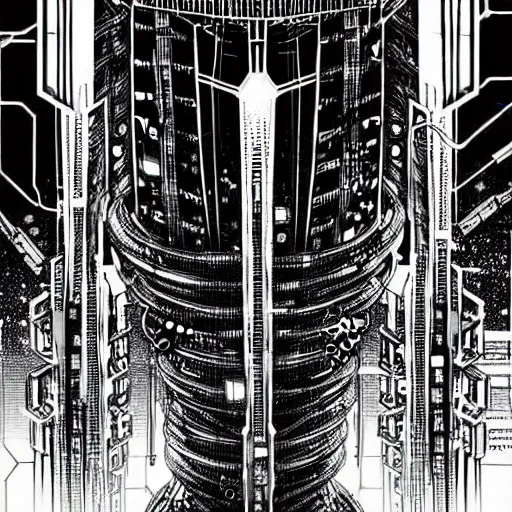 Image similar to sad biological androids with tentacles, through a huge cybernetic megastructure multi - level metropolis in space, black and white, by nihei tsutomu