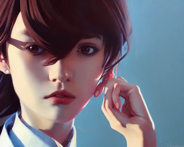 Image similar to a ultradetailed beautiful portrait panting of a stylish woman wearing a shirt with a tie, she has messy hair, oil painting, by ilya kuvshinov, greg rutkowski and makoto shinkai, trending on artstation