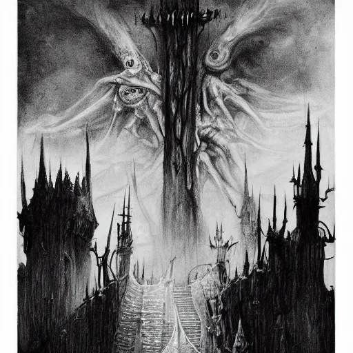 Image similar to Black and white drawing of Castlevania, Stephen Gammell style, evil, high detail, Scary Stories