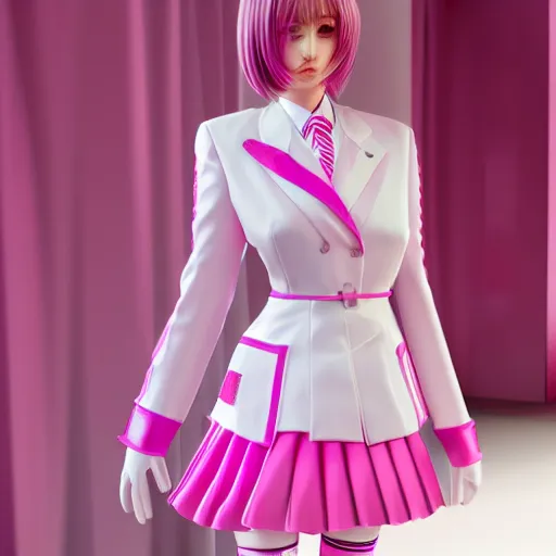 Prompt: pink and white luxurious seifuku uniform styled by dolce and gabanna, high - end, elegant, stylish, unreal engine, studio lighting, 4 k quality