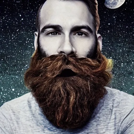 Image similar to man with a beard that reaches all the way to the moon and back