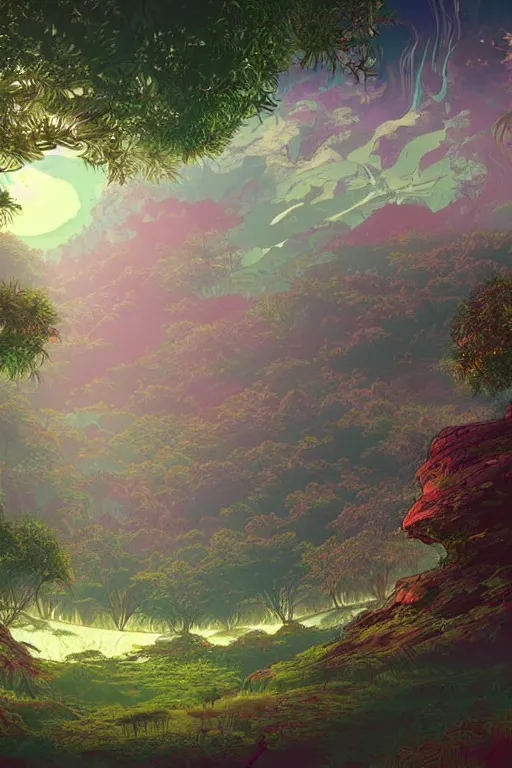 Prompt: concept art painting of an alien world with sentient forests, artgerm, moebius, inio asano, toon shading, cel shading, calm, tranquil, vaporwave colors,