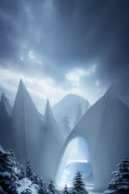 Image similar to a futuristic scene in front of a zaha hadid building in the forrest of the french alps in the style of chris moore, stormy weather, cinematic matte painting, extreme detail photo quality, soft colors, snowfall, featured on behance