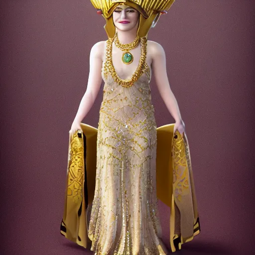 Image similar to A full body shot of Emma Stone wearing a golden Arabian crown , royality, high quality, fully detailed, 4k