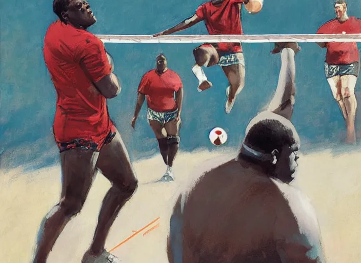 Image similar to a highly detailed beautiful portrait of notorious big playing voleyball, by gregory manchess, james gurney, james jean