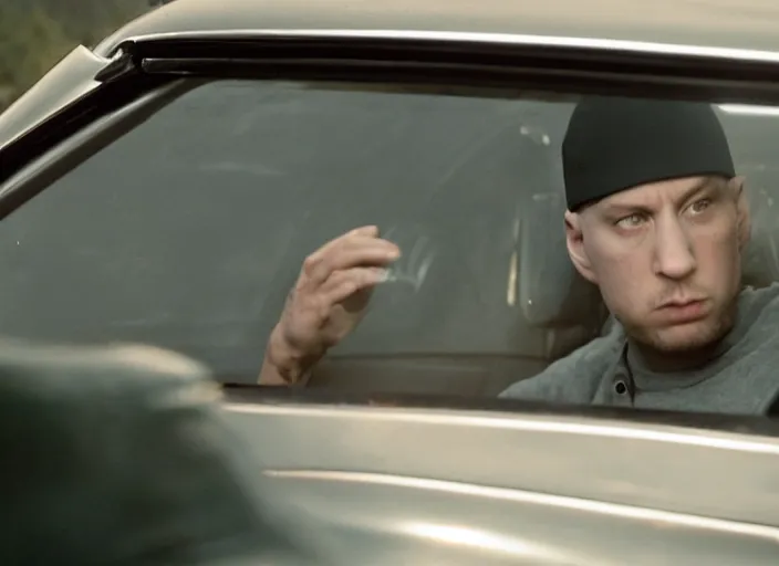 Image similar to a very high resolution image from a new movie, eminem driving a car. inside of a car. alone. mountains, directed by wes anderson