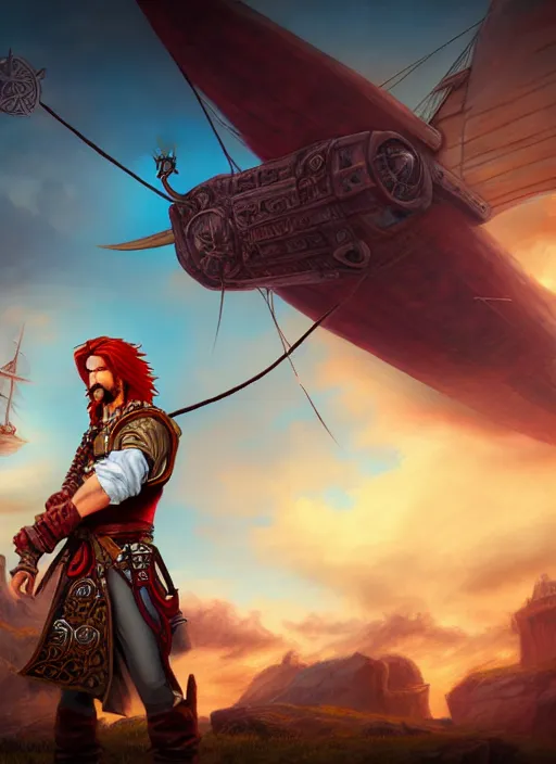 Image similar to An epic fantasy comic book style portrait painting of a long haired, red headed male sky-pirate in front of an airship in the style of the wheel of time, unreal 5, DAZ, hyperrealistic, octane render, cosplay, RPG portrait, dynamic lighting