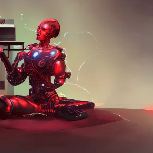 Prompt: cyborg in red room sitting Infront gramophone, concept art high quality image, denoise