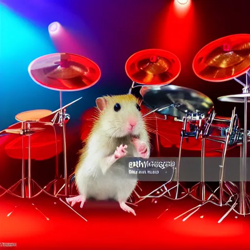 Image similar to a hamster playing drums on a stage in a small club, red and blue stagelights, photorealistic