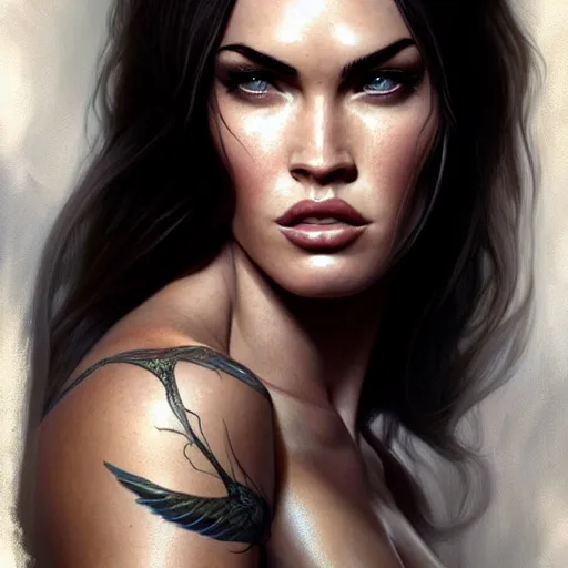 Image similar to portrait of megan fox, muscular upper body, fantasy, intricate, elegant, highly detailed, digital painting, artstation, concept art, matte, sharp focus, illustration, art by aenaluck and roberto ferri and greg rutkowski, epic fantasy, digital painting