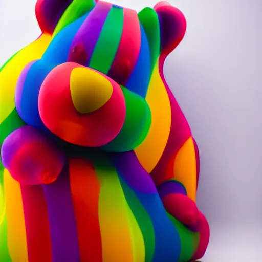 Image similar to high quality photo of a giant gummi bear made in rainbow colors in front of a white background